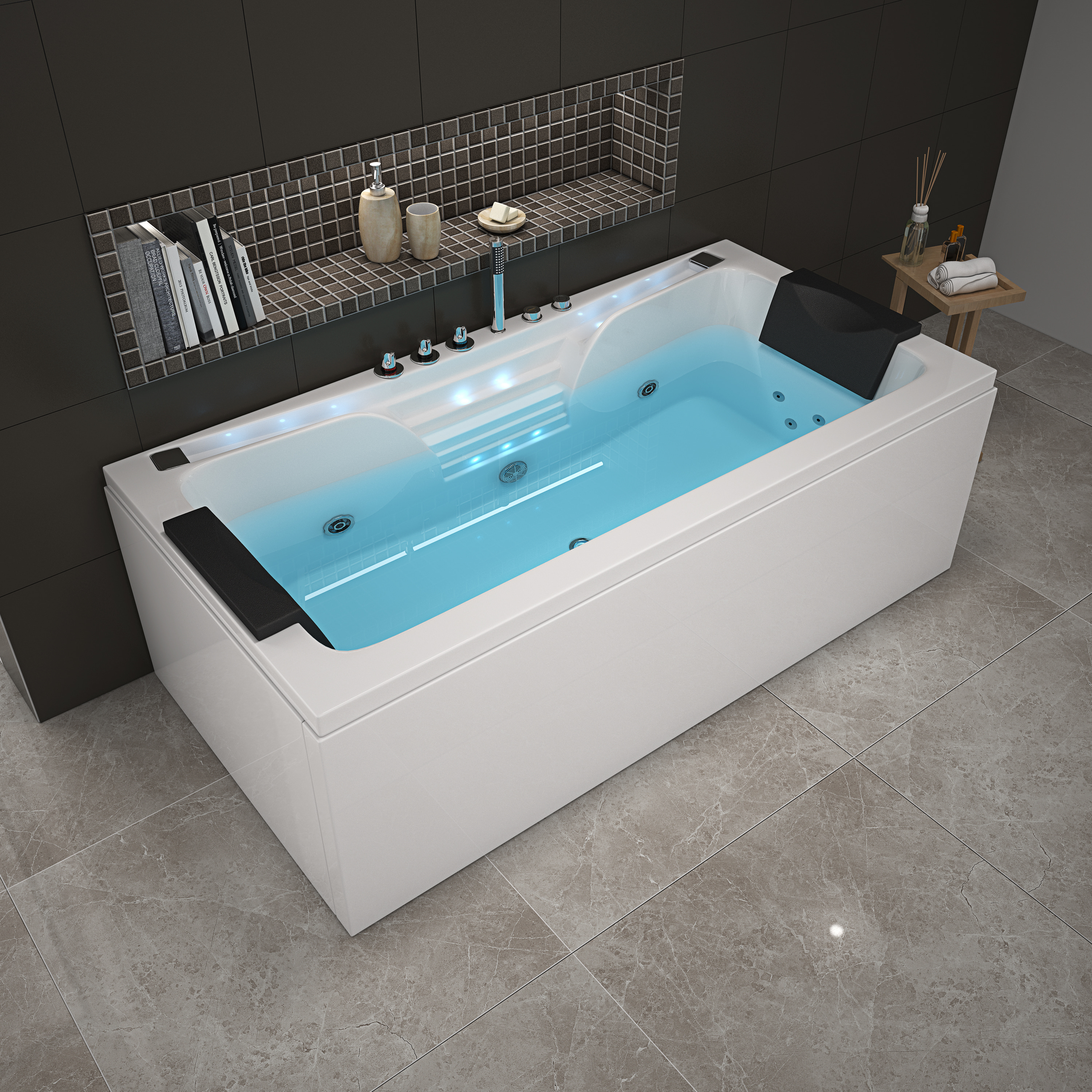 White Two person acrylic massage bathtub with pillow 1700x800mm RL-8016